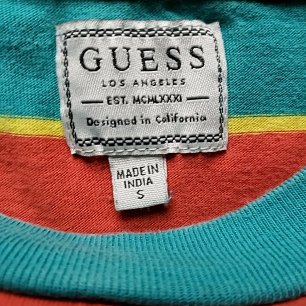 Guess Shirt Mens Small Multicolor Stripe Triangle Logo Graphic Tee Crewneck - Picture 4 of 6